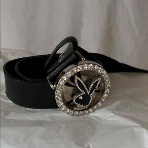 Vintage Playboy Bunny Black Leather Spinner Belt with Silver Buckle. Size S